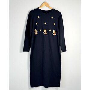 Vintage Old Dell Designs Black Christmas T-Shirt Dress M Long Sleeve Embroidered